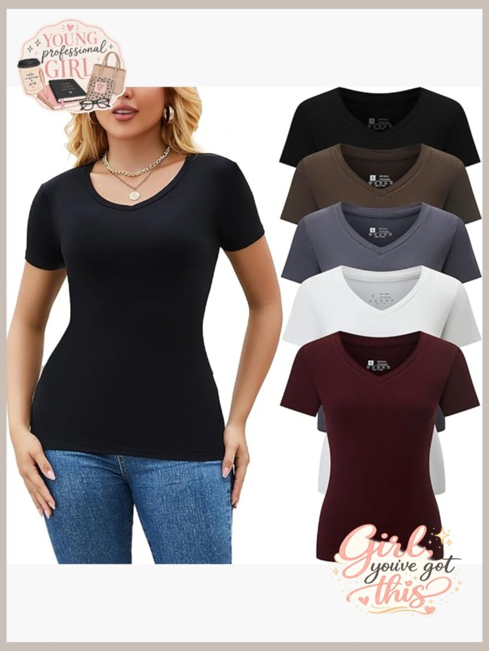5 Pack Womens Slim Fit V Neck Short Sleeve T Shirts Basic Tees